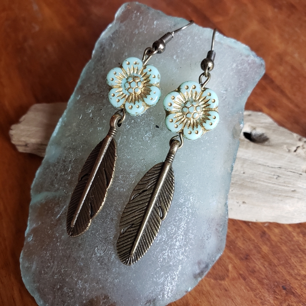 Aqua Czech Anemone Flower & Feather Earrings